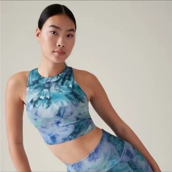 Athleta Conscious Crop Top Womens XS Solarize Chrome Blue Printed A-C Bra NEW - Picture 1 of 11